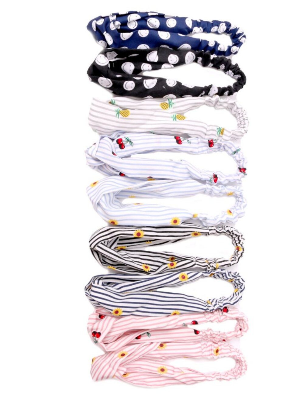 Nollia 9 Headbands Striped, Fruit, Smile Faces, Criss Cross Satiny Heabands